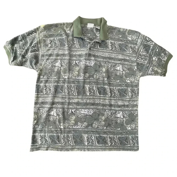 Vintage Bugle Boy Hawaiian Print Polo — Light Green & Tan Floral / 90s / XXL - Picture 3 of 10